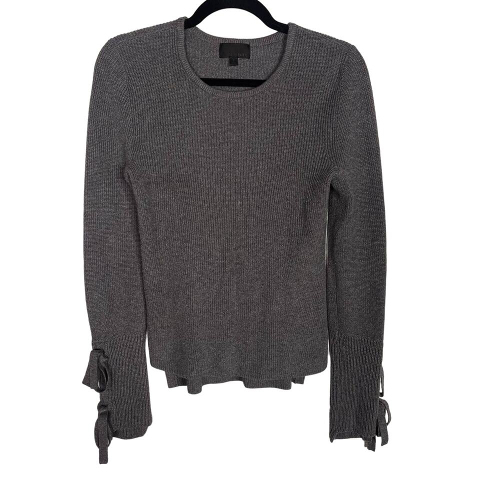 Intermix Small S Gray Cotton Silk Jordana Tie Sleeve Rib Knit Round Neck Sweater